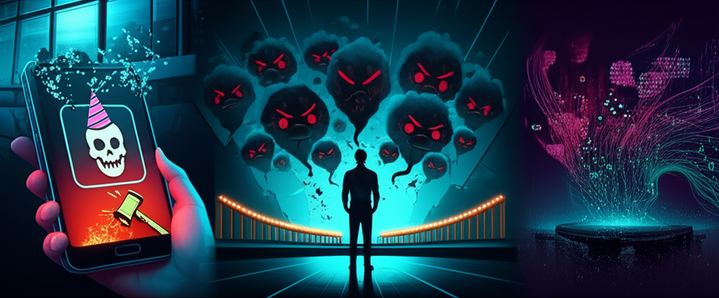 Sinal de alerta com ícones representando erros comuns em redes sociais: linguagem técnica, promessas irreais e falta de interação.