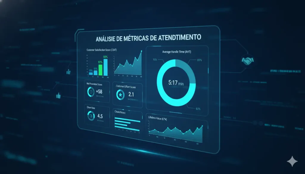 Gráficos e estatísticas digitais, representando métricas de sucesso do atendimento ao cliente para análise de marketing.