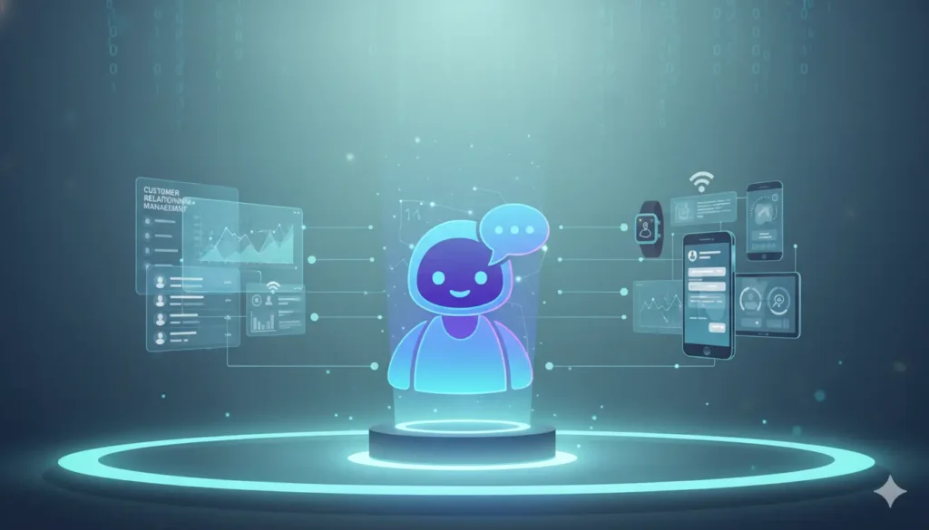 Ilustração de ferramentas digitais como chatbots, CRM e dispositivos conectados, representando a tecnologia no atendimento.