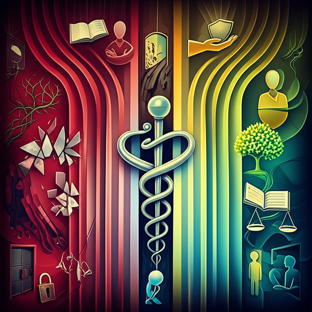 Símbolo da medicina com placas de 'permitido' e 'proibido', representando as regras do CFM para publicidade médica.