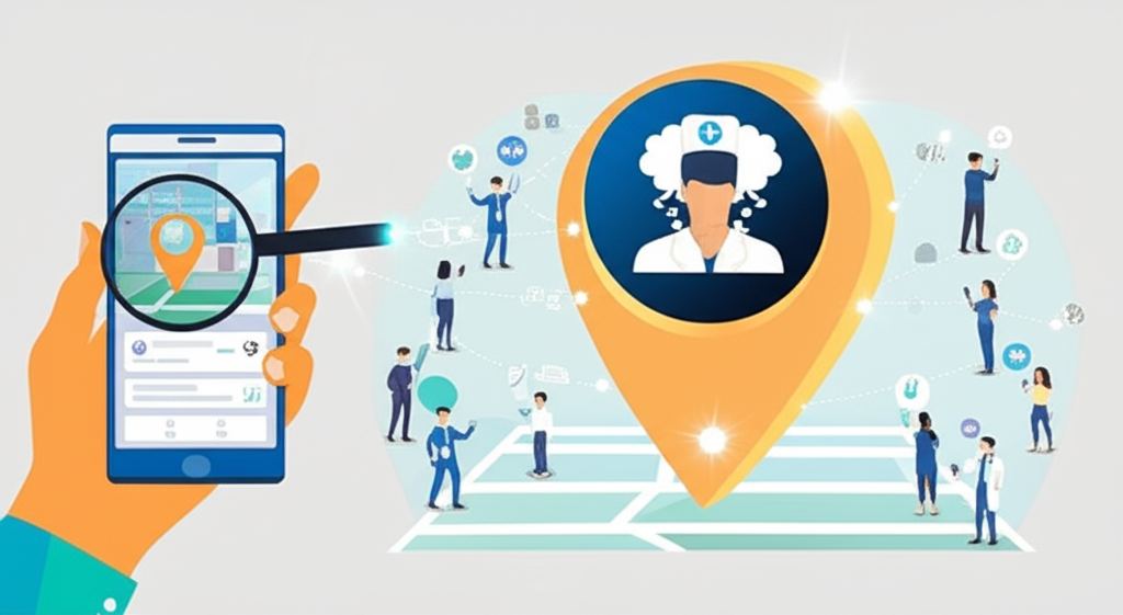 Ilustração mostrando a importância do Google Meu Negócio para médicos aparecerem no mapa e serem encontrados por pacientes.