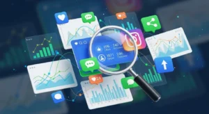 Gráficos e lupas, simbolizando a análise de métricas e otimização contínua das ações no Instagram.