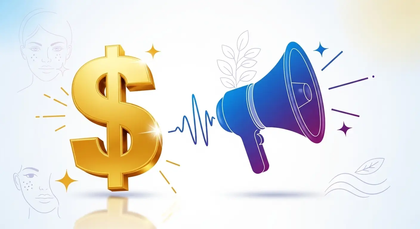 Ícones de cifrão e megafone, representando o impulsionamento de resultados com anúncios e promoções.